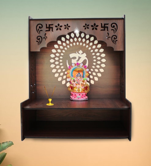 Luxurious Wooden Temple for Home, Office with Spacious Shelf & Inbuilt Focus Lights