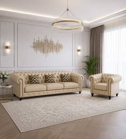 Heritage Leather Tufted Chesterfield 3+1 Seater Sofa Set In Leatherette With Golden Legs In Off-White Colour