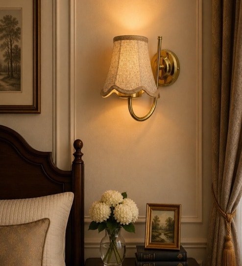 Luxury Gold Wall Mounted Light with Beige Jute Shade for Home & Cafe