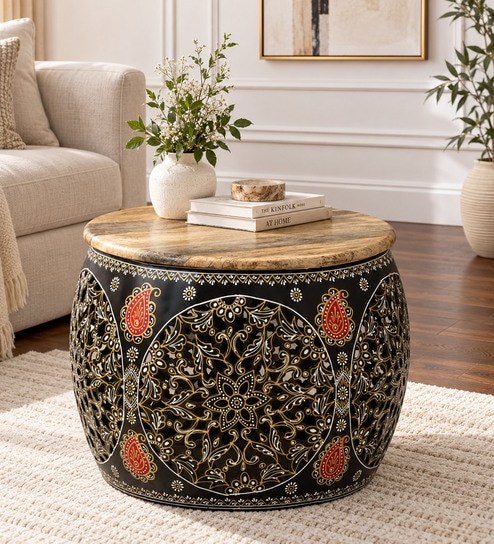 Luzem Mango Wood Set of Coffee Table with Brass Color