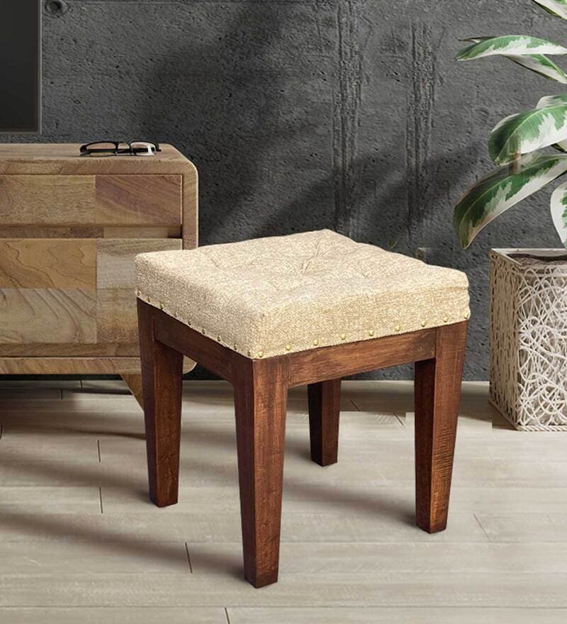 Buy Fresno Solid Wood Seating Stool in Beige Colour by Lushlin Online
