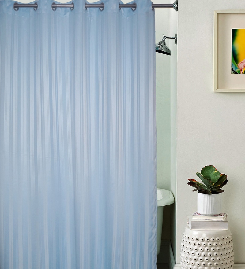 Buy Sky Blue Striped Pattern Polyester Shower Curtain By Lushomes ...