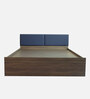 Lush Deluxe Queen Size Upholstered Bed In Light Navy Blue Colour & Walnut Finish With Box Storage