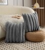 Grey Stripe Rabbit Fur Cushion Covers 16x16 Inch Pack of 2
