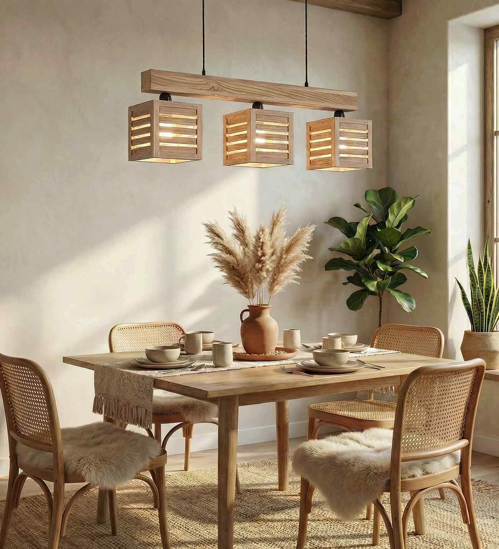 Lyon 3 Lights Beige Solid Wood Linear Chandelier Cluster Hanging Light