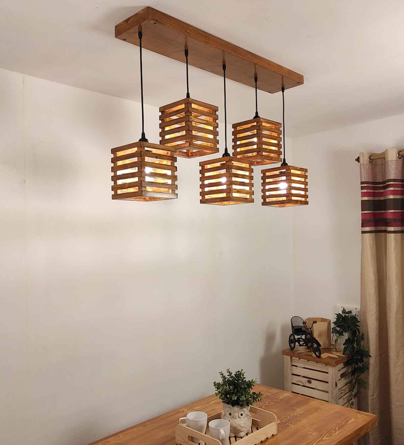 Lyon 5 Lights Brown Solid Wood Linear Chandelier Cluster Hanging Light
