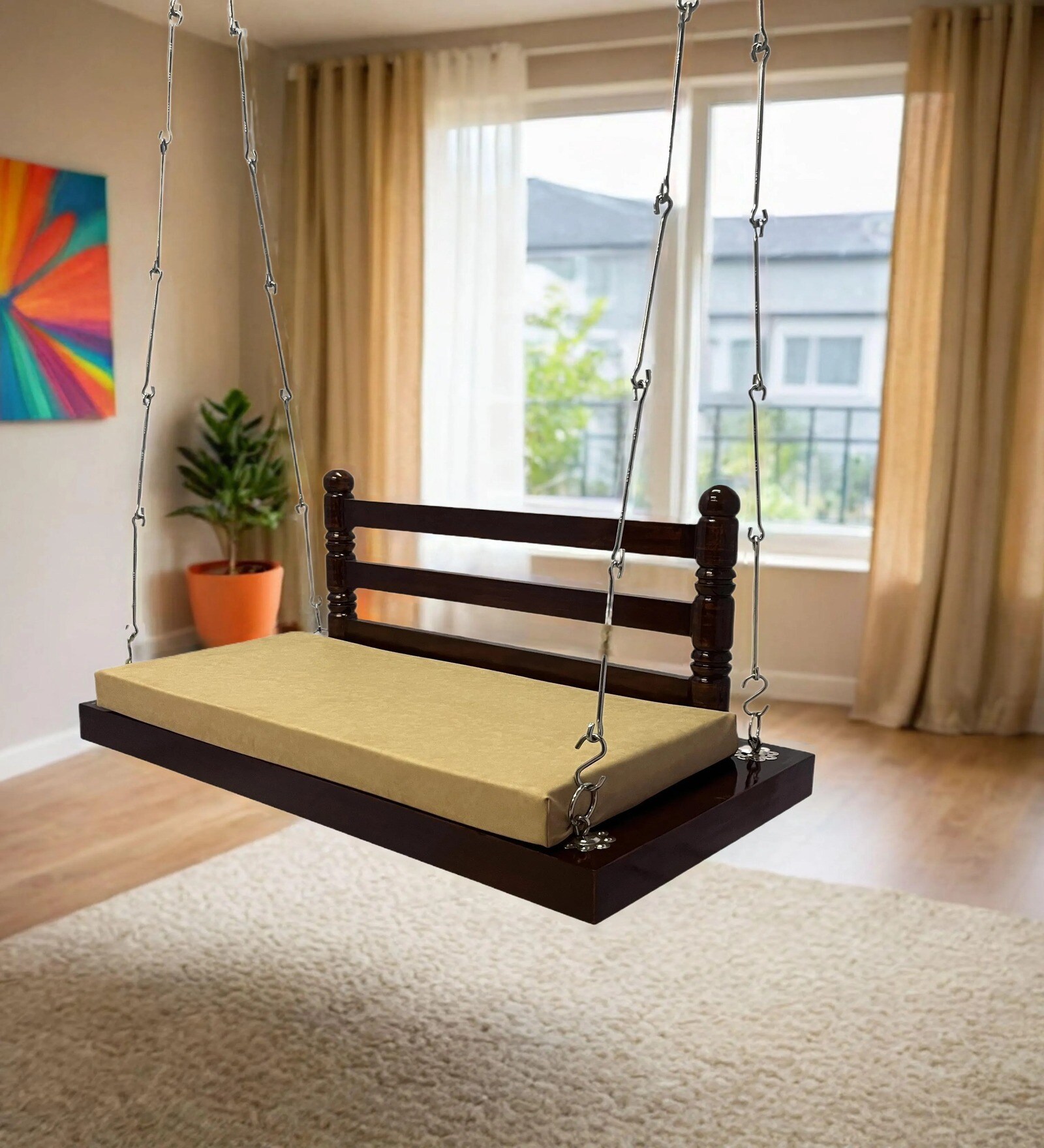 M-16 Solid Wood Swing in Brown & Silver Colour