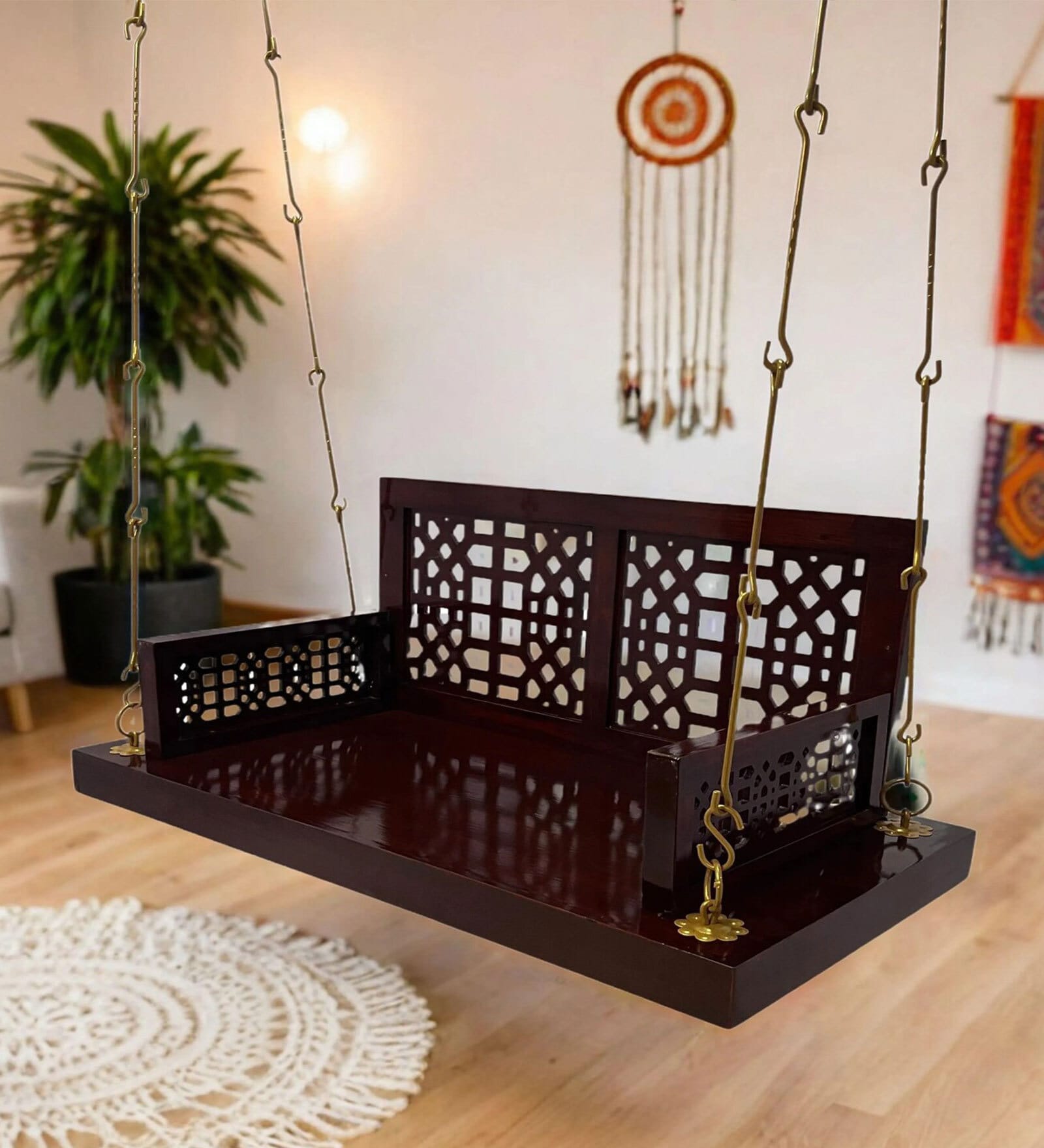 M-28 Boarder Solid Wood Swing in Brown & Gold Colour