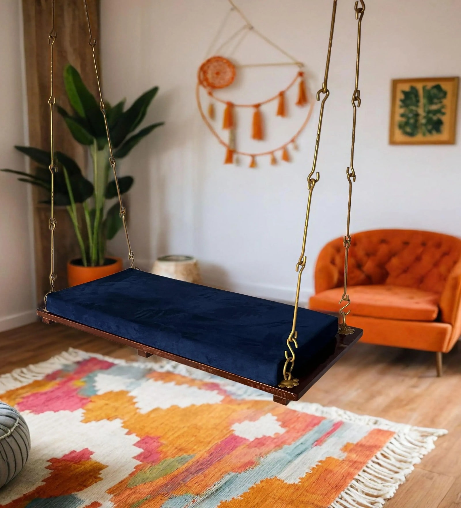 M-31 Seat Solid Wood Swing in Brown & Blue Colour