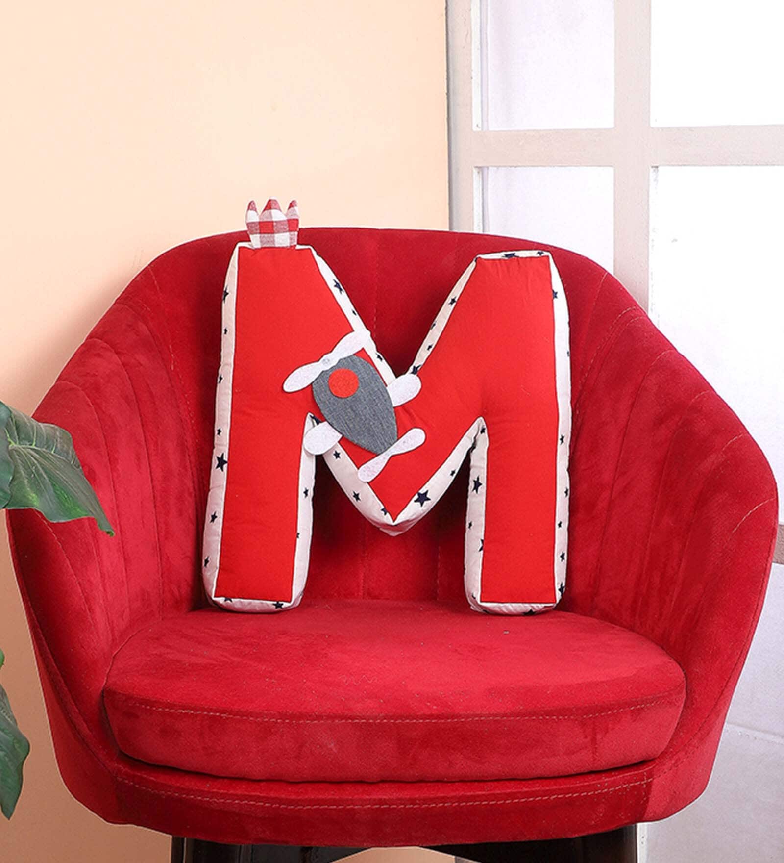 Red Cotton M Alphabet Shaped Pillow