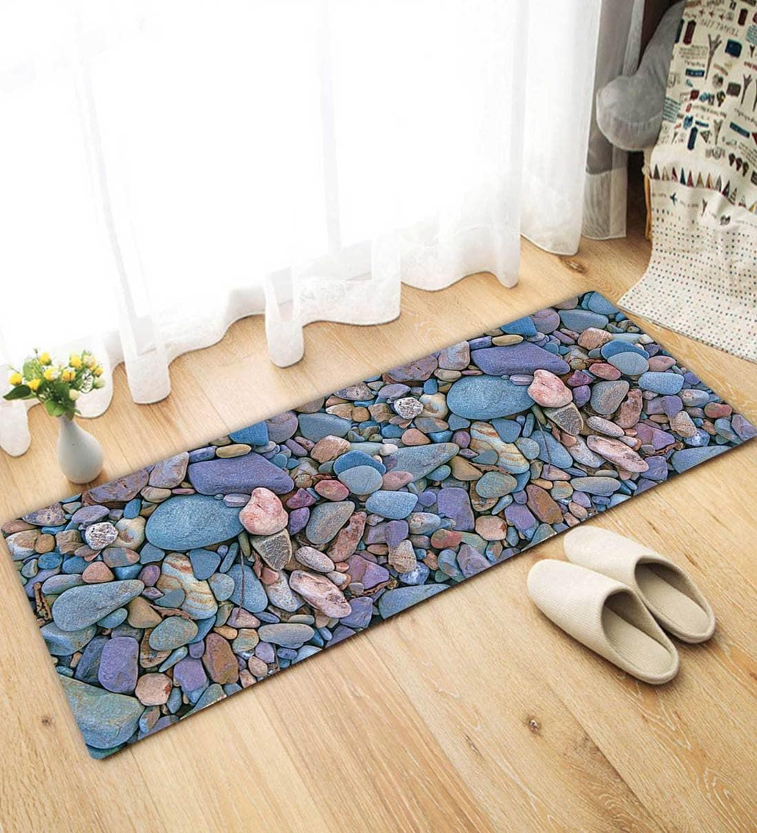 Buy Anti Skid Blue Nylon Machine Made 5 x 2 Feet Bed Side Runners by