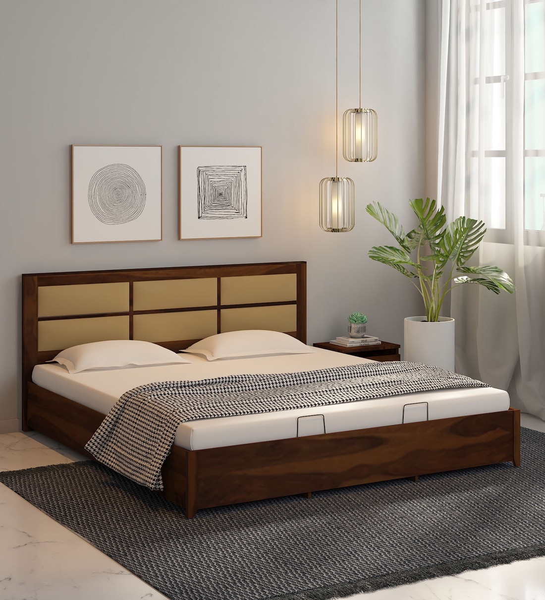 Buy Madera Sheesham Wood King Size Upholstered Bed With Hydraulic ...