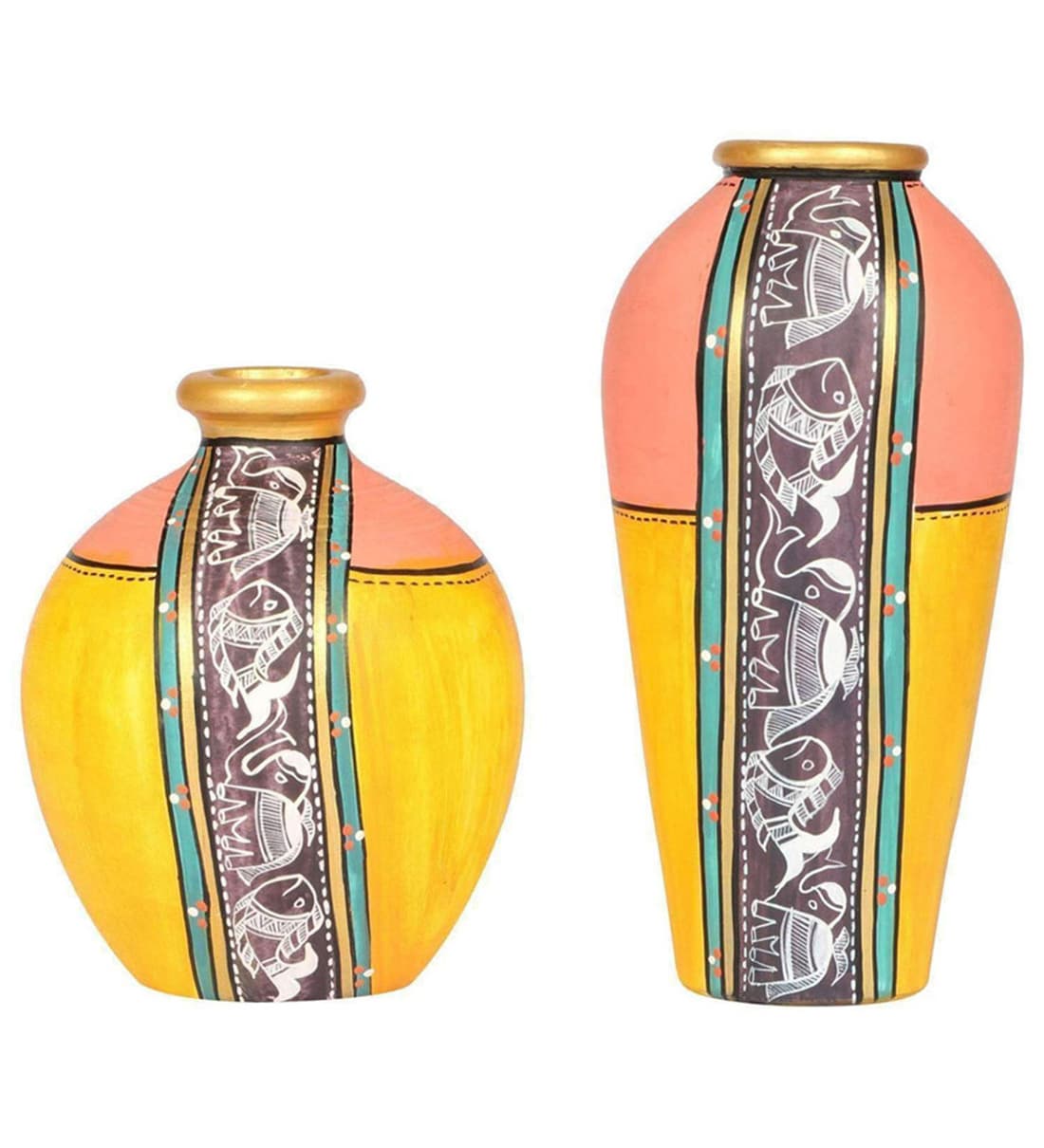 Buy Madhubani Earthen (Set of 2) Yellow Terracotta Table Vase Online