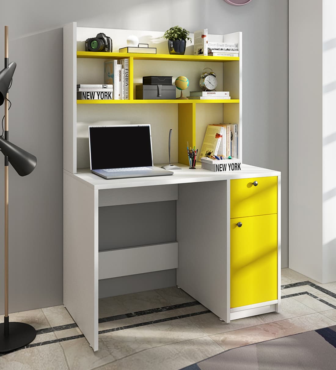 Buy Malta Hutch Desk in Frosty White And Yellow Finish at 27 OFF by