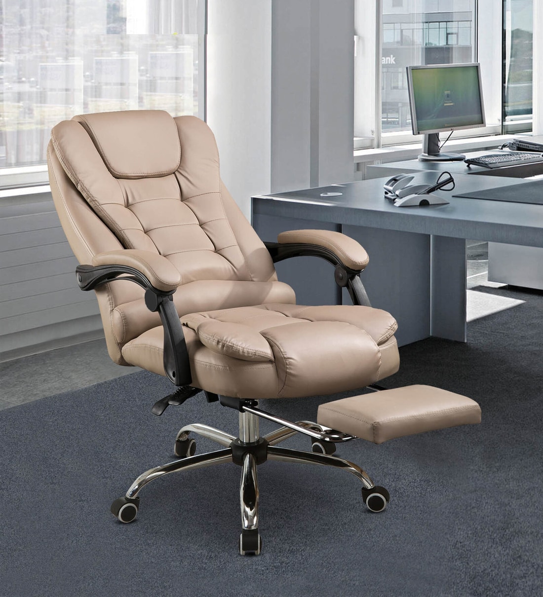 Buy Manager Office Chair with Massager & Footrest in Khaki Colour by