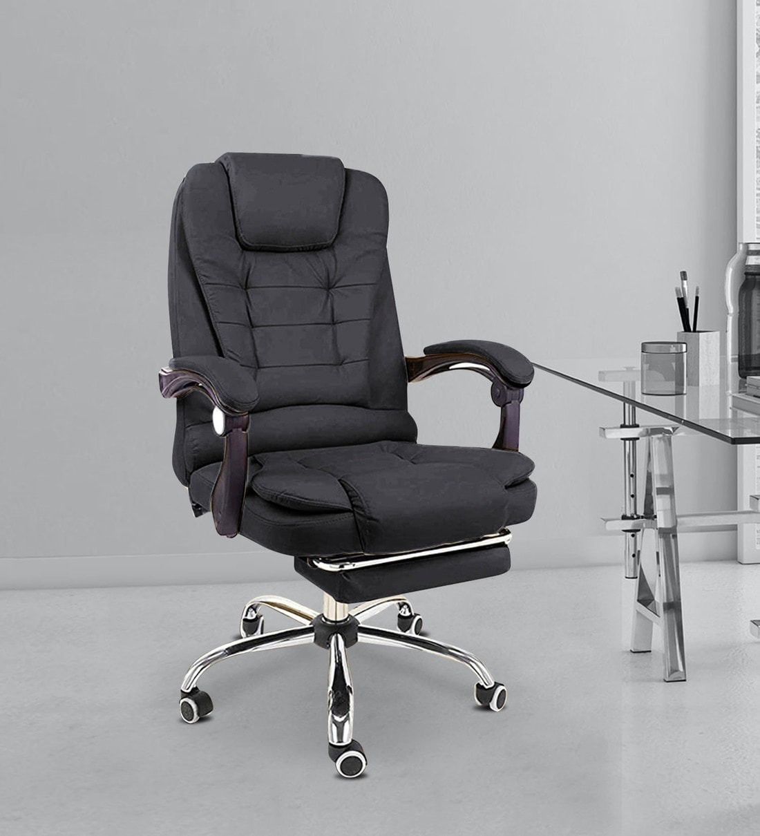 Buy Manager Office Chair with Massager & Footrest in Black Colour by