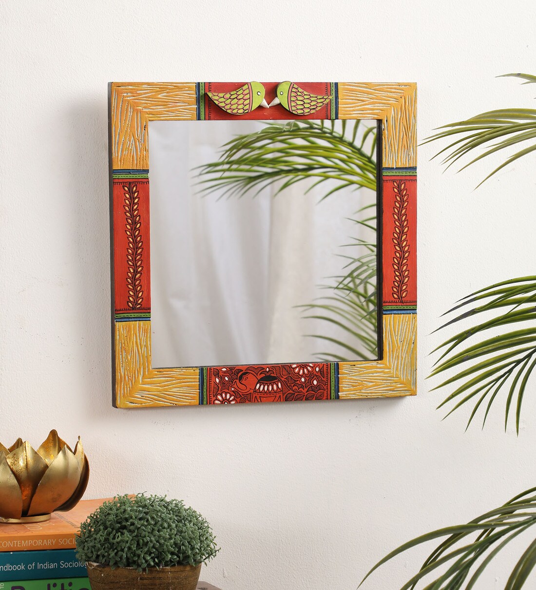 Buy Mango Wood Square Wall Mirror in Walnut colour by Aakriti Art