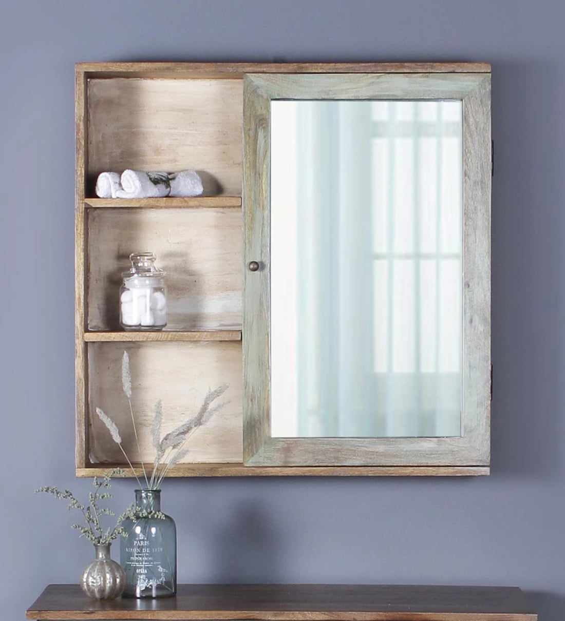 Buy Mango Wood Teak Finish 3 Compartment Bathroom With Mirror