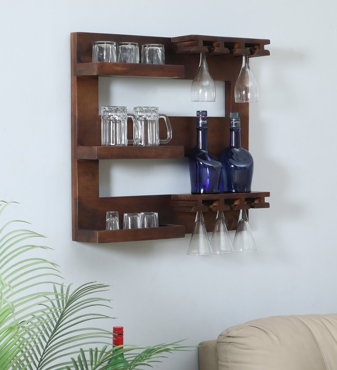 Buy Mango Wood Wall Mounted Wine Bottle and Glass Holder Wall