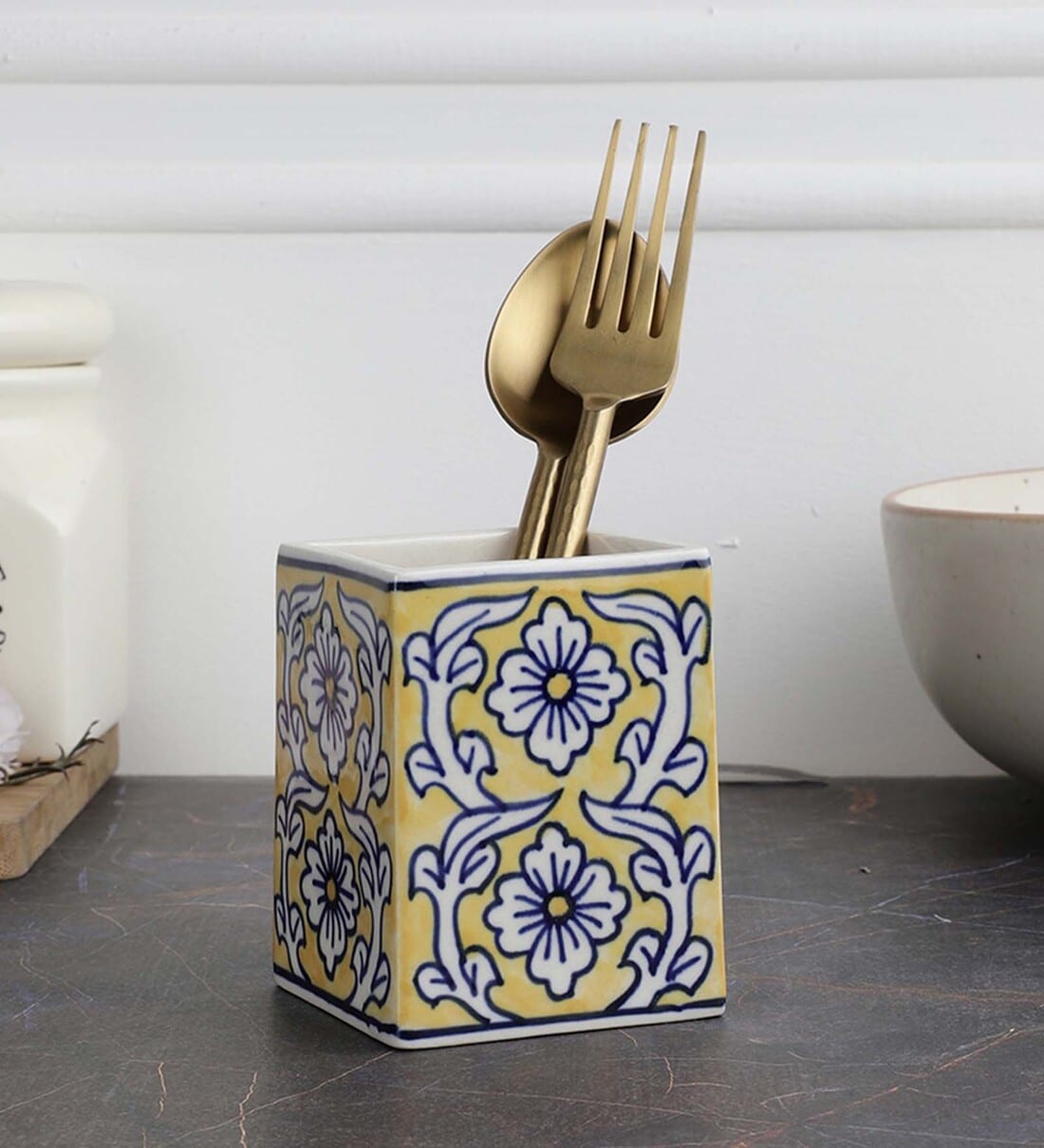 Buy Manohar Yellow & White Ceramic Cutlery Holder by VarEesha Online