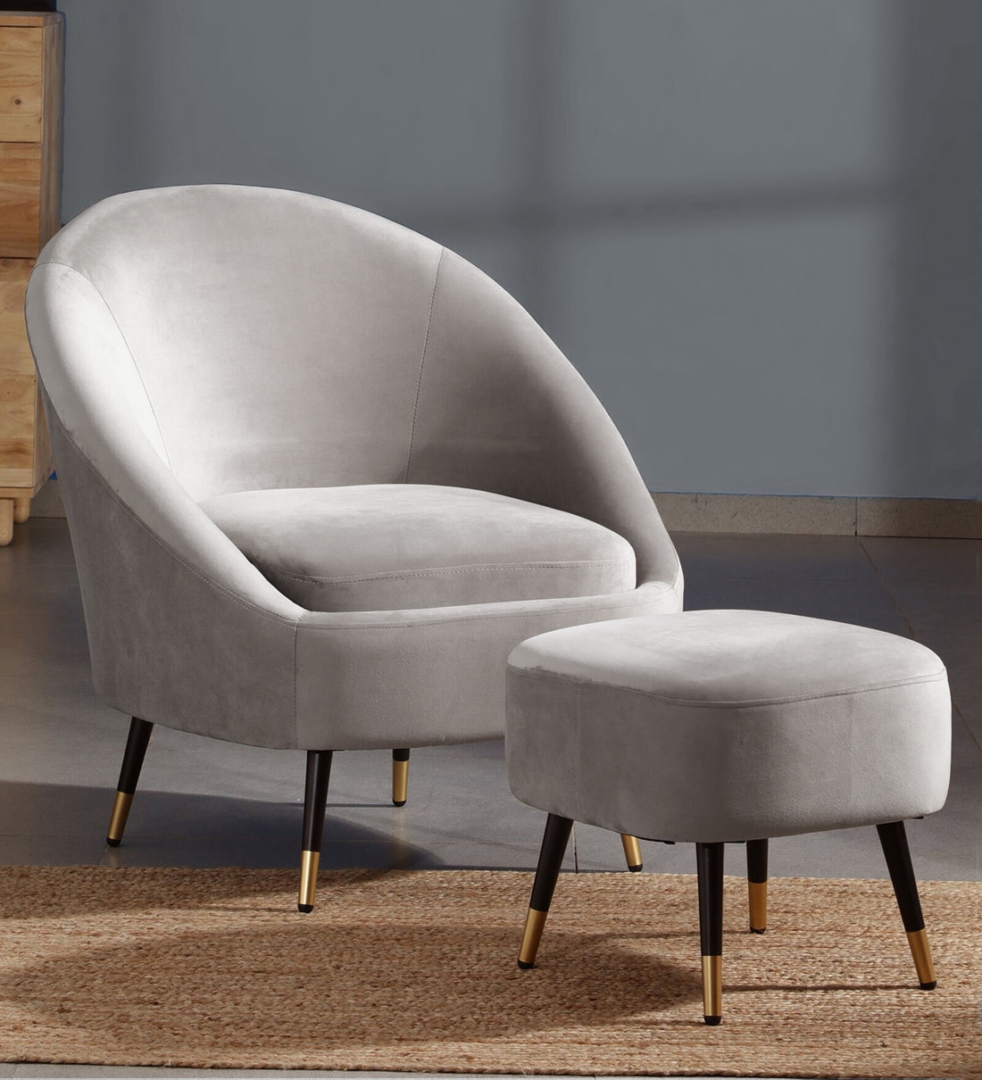 Buy Mariana Velvet Barrel Chair in Ash Grey Colour with Foot Stool