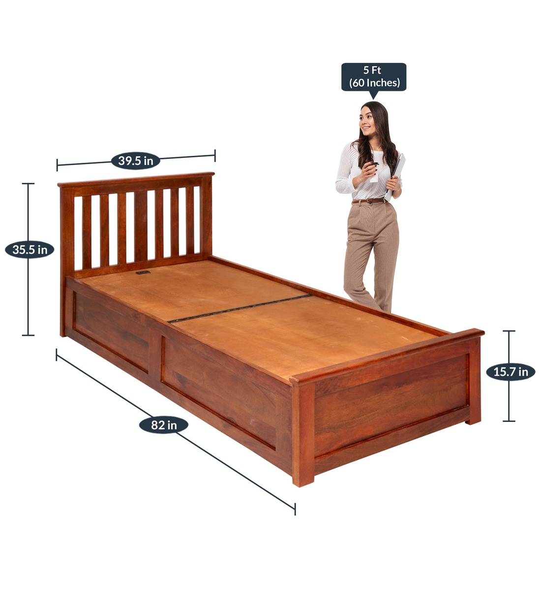 Buy Marko Solid Wood Single Bed in Honey Finish with Box Storage Online