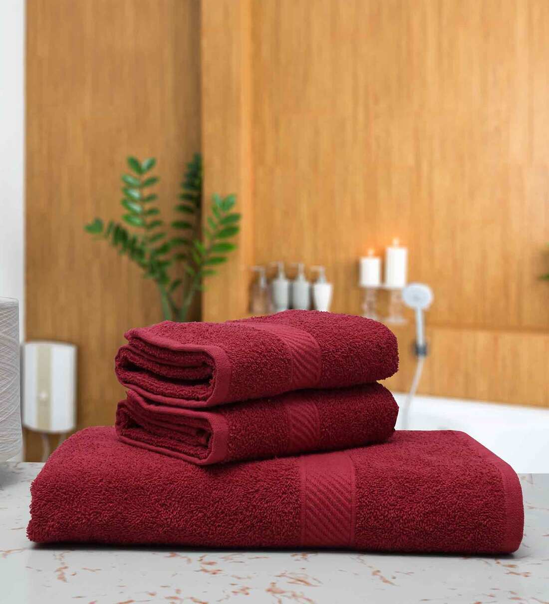 Buy Maroon 400 GSM Cotton 3 Pieces Towel Set by Rangoli Online Solid Colour Towels Sets