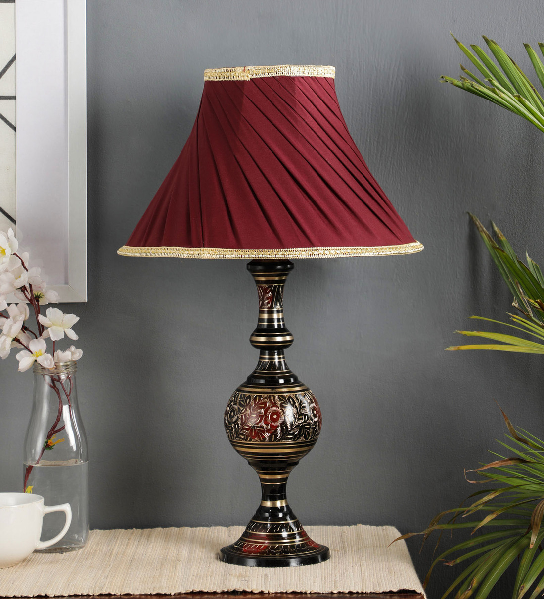 Buy Emphasis Maroon Fabric Shade Table Lamp With Brass Base at 18