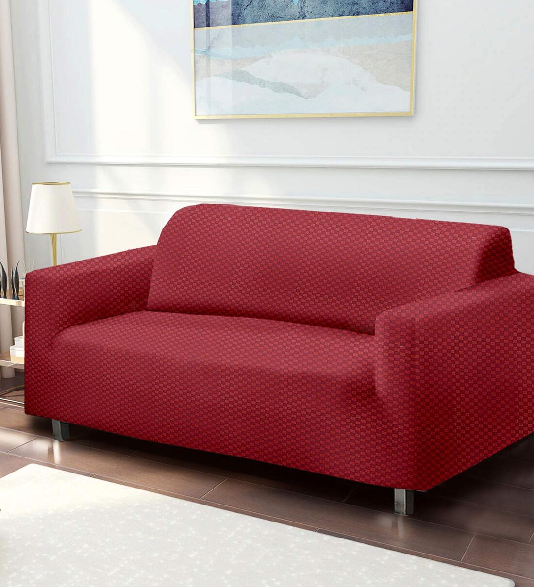 Buy Maroon Geometric Polyester 3 Seater Sofa Cover by Cortina Online