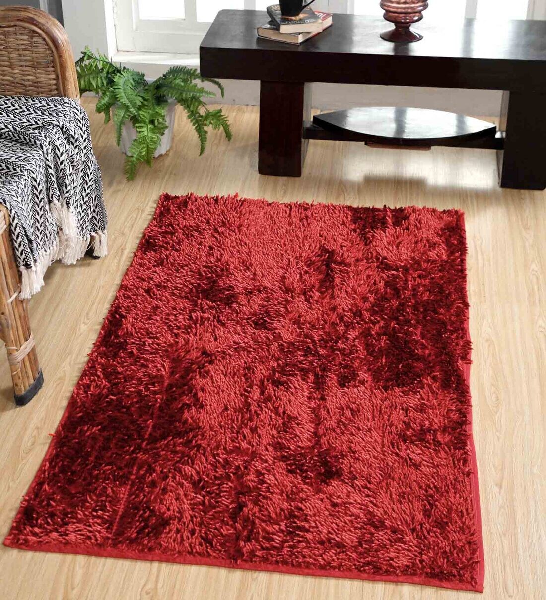 Buy Red Shaggy Polyester 3 ft x 5 ft Machine Made Carpet by HomeFurry