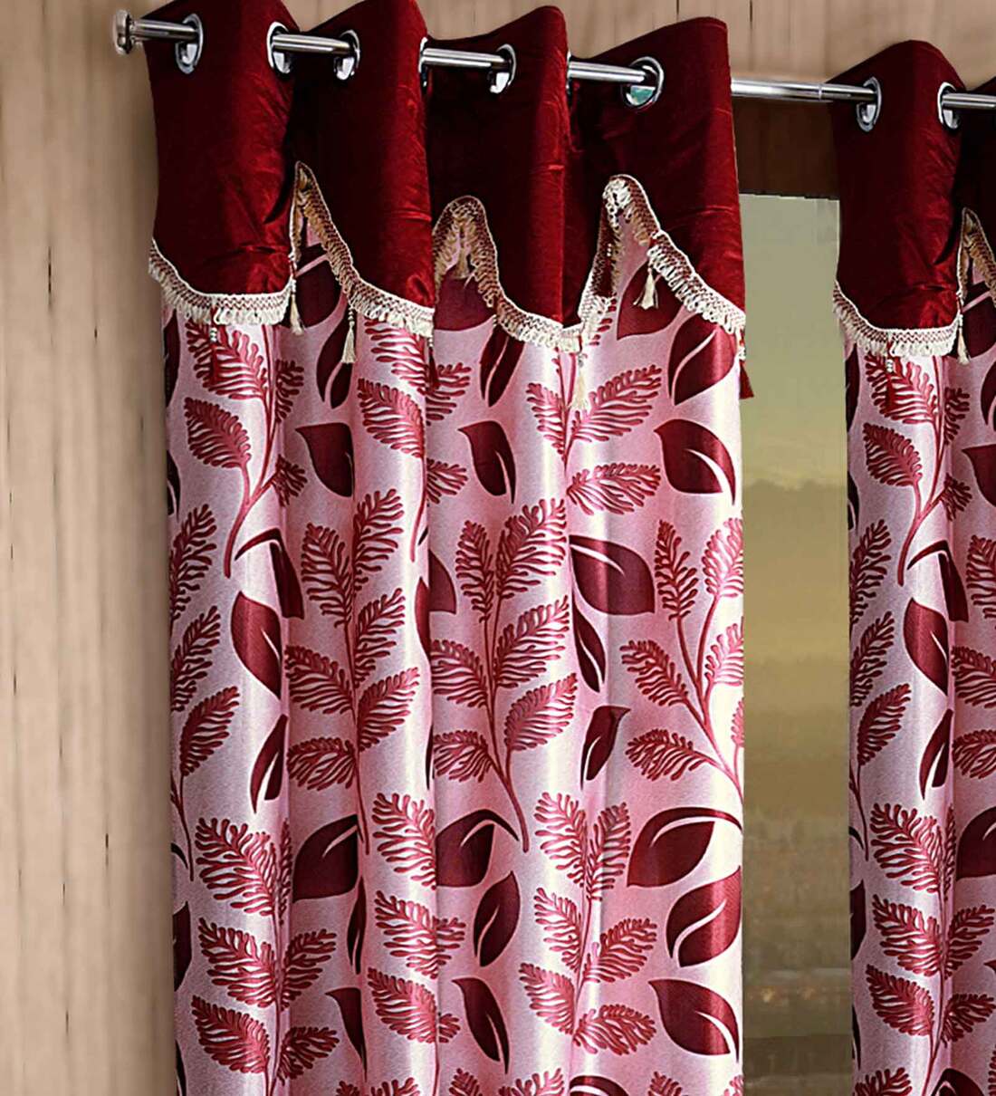 Buy Maroon Floral Polyester 5 Ft Semisheer Eyelet Window Curtains (Set