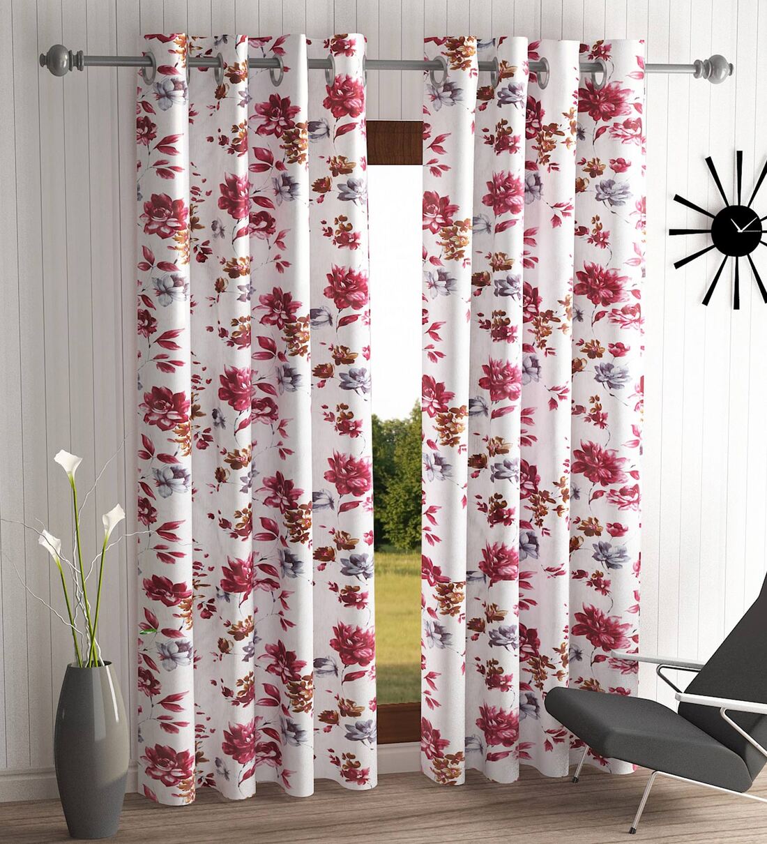 Buy Maroon Floral Polyester Ft Semisheer Eyelet Door Curtains Set Of