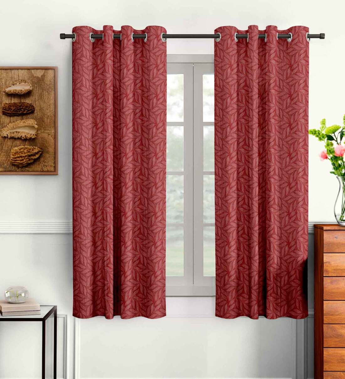 Buy Maroon Solid Polyester 5 Ft Semisheer Eyelet Window Curtains (Set
