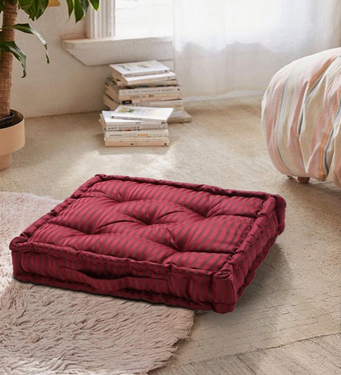 Buy Maroon Polyester Striped 20x20 Inches Floor Cushion by S9home at 40
