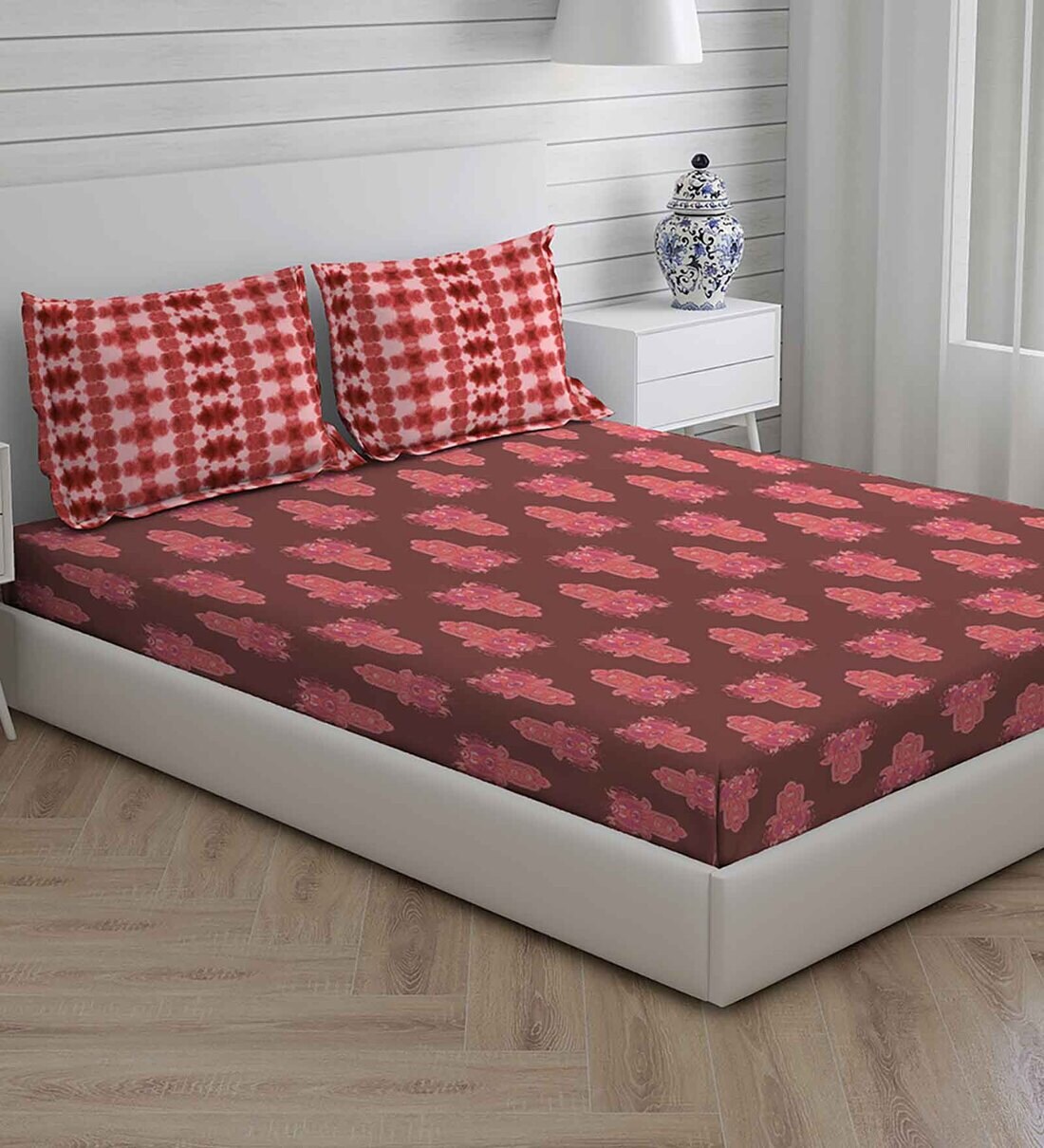 Buy Maroon Traditional 150 TC Cotton King Sized Bed Sheets with 2
