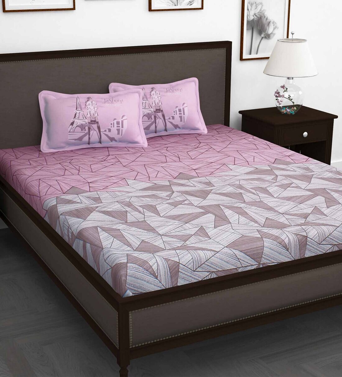 Buy Mauve Abstract 210 TC Cotton 1 King Size Bedsheet With 2 Pillow