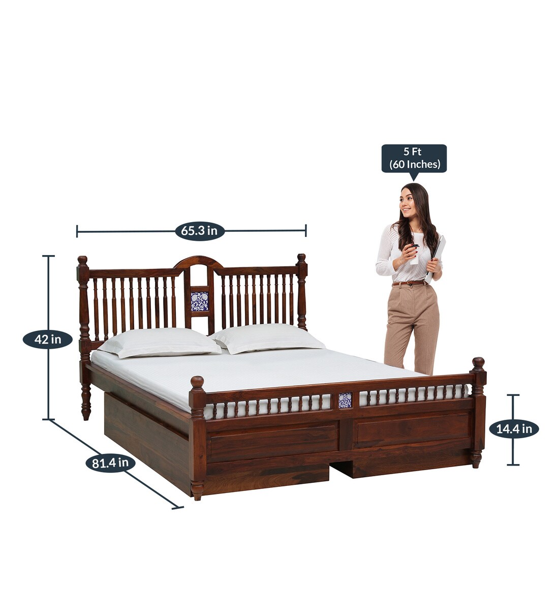 Buy Mayur Solid Wood Queen Size Bed With Drawer Storage In Honey Oak