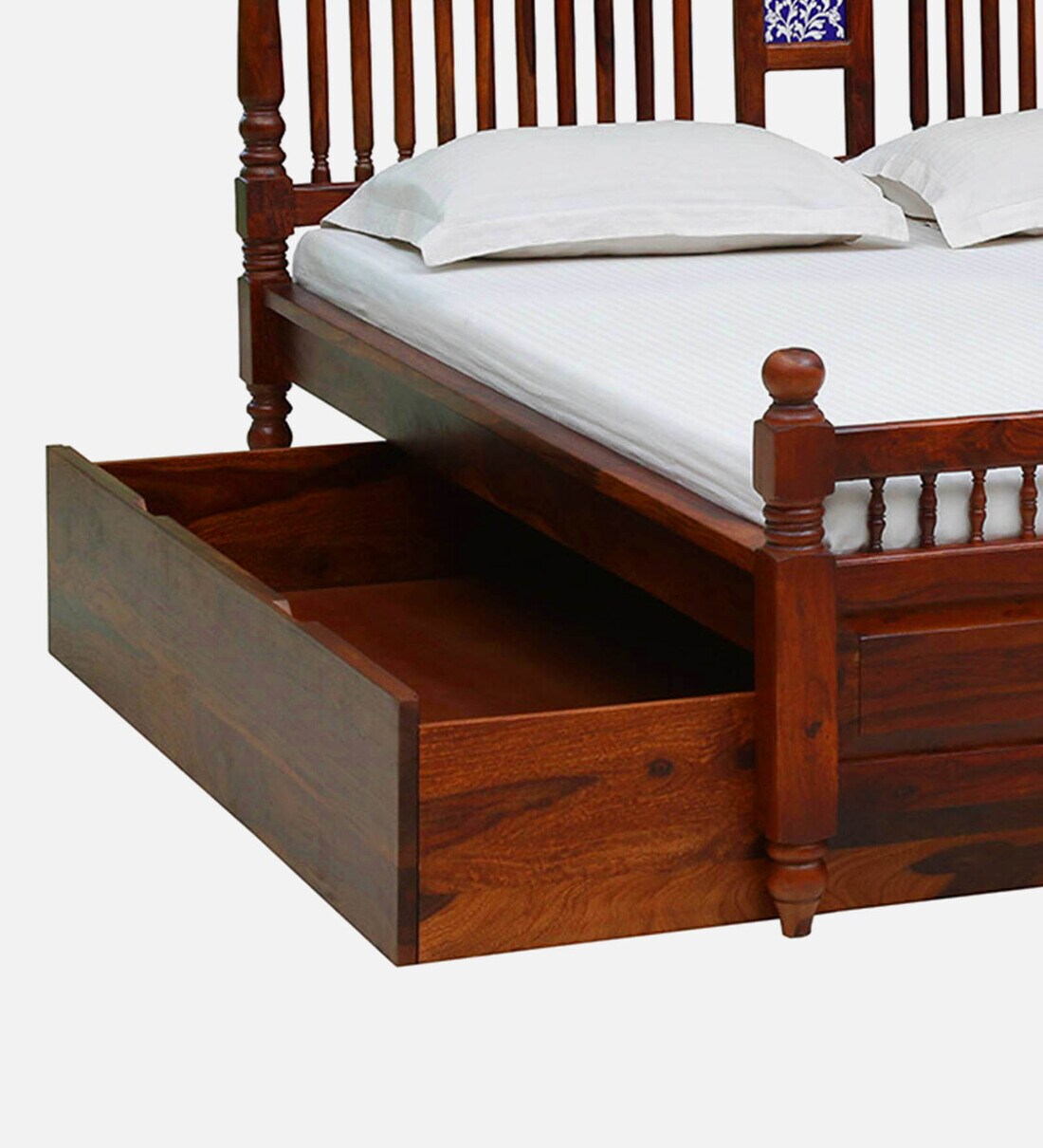 Buy Mayur Solid Wood Queen Size Bed With Drawer Storage In Honey Oak