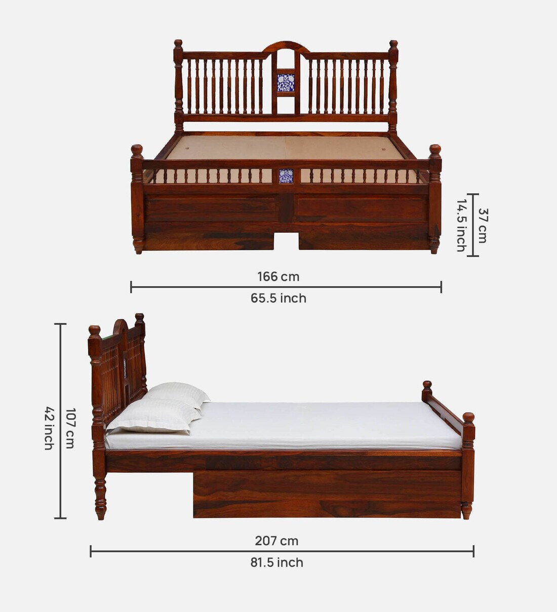 Buy Mayur Solid Wood Queen Size Bed With Drawer Storage In Honey Oak