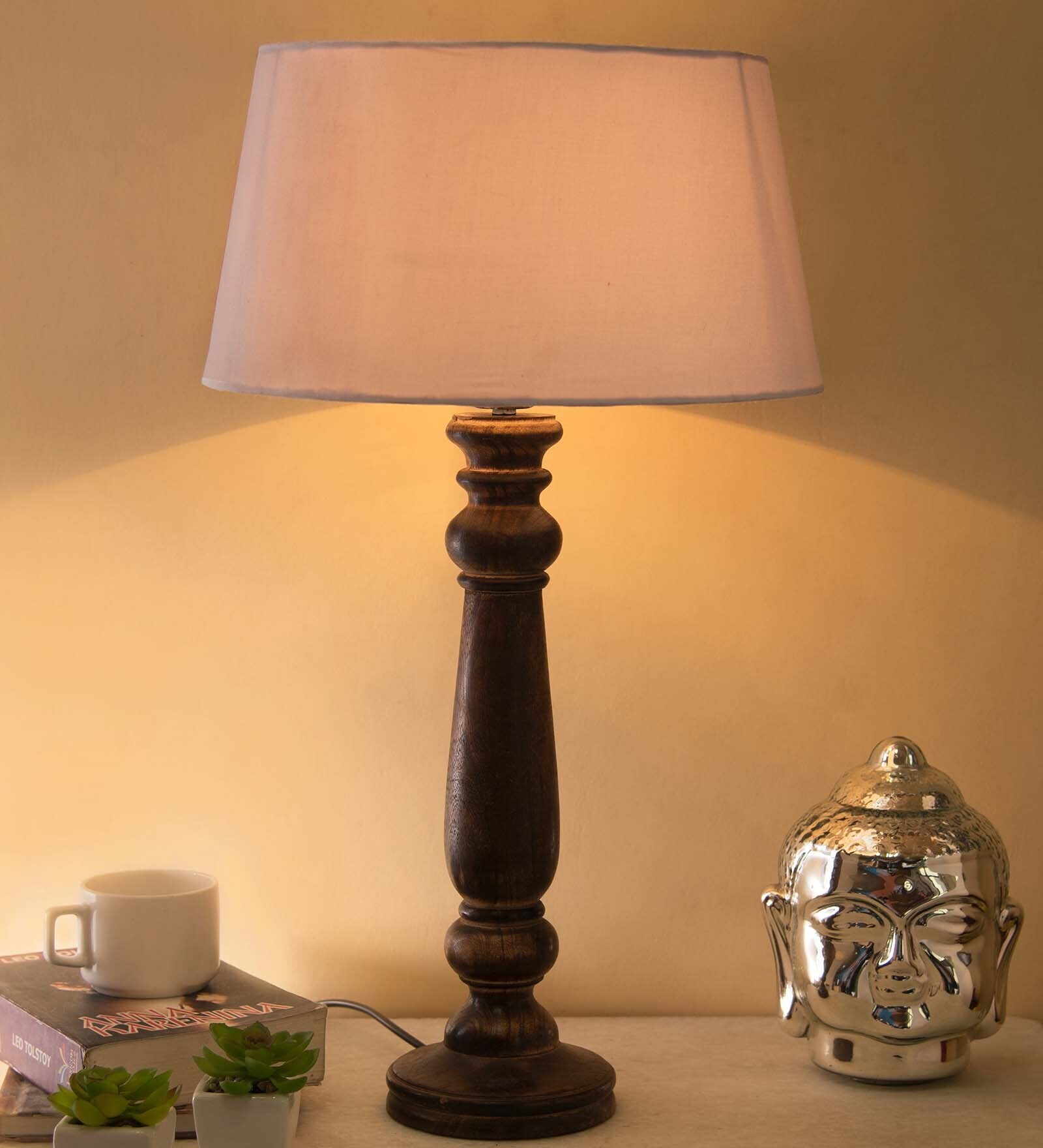 Mabel Antique Black Wood Table Lamp With White Drum Shade