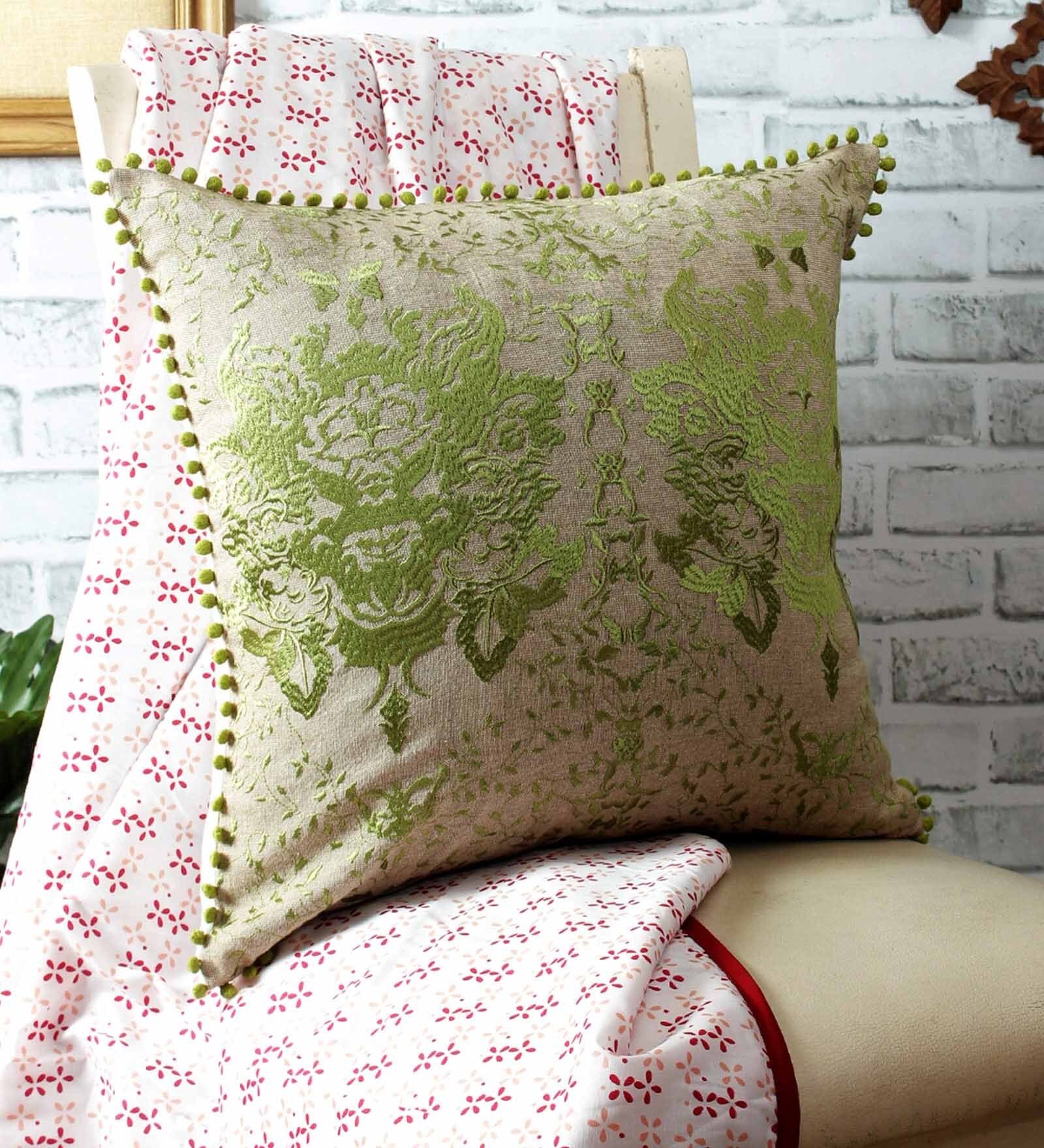 Embroidered 100% Organic Chambray Traditional Pattern 18x18 Inch Cushion Cover