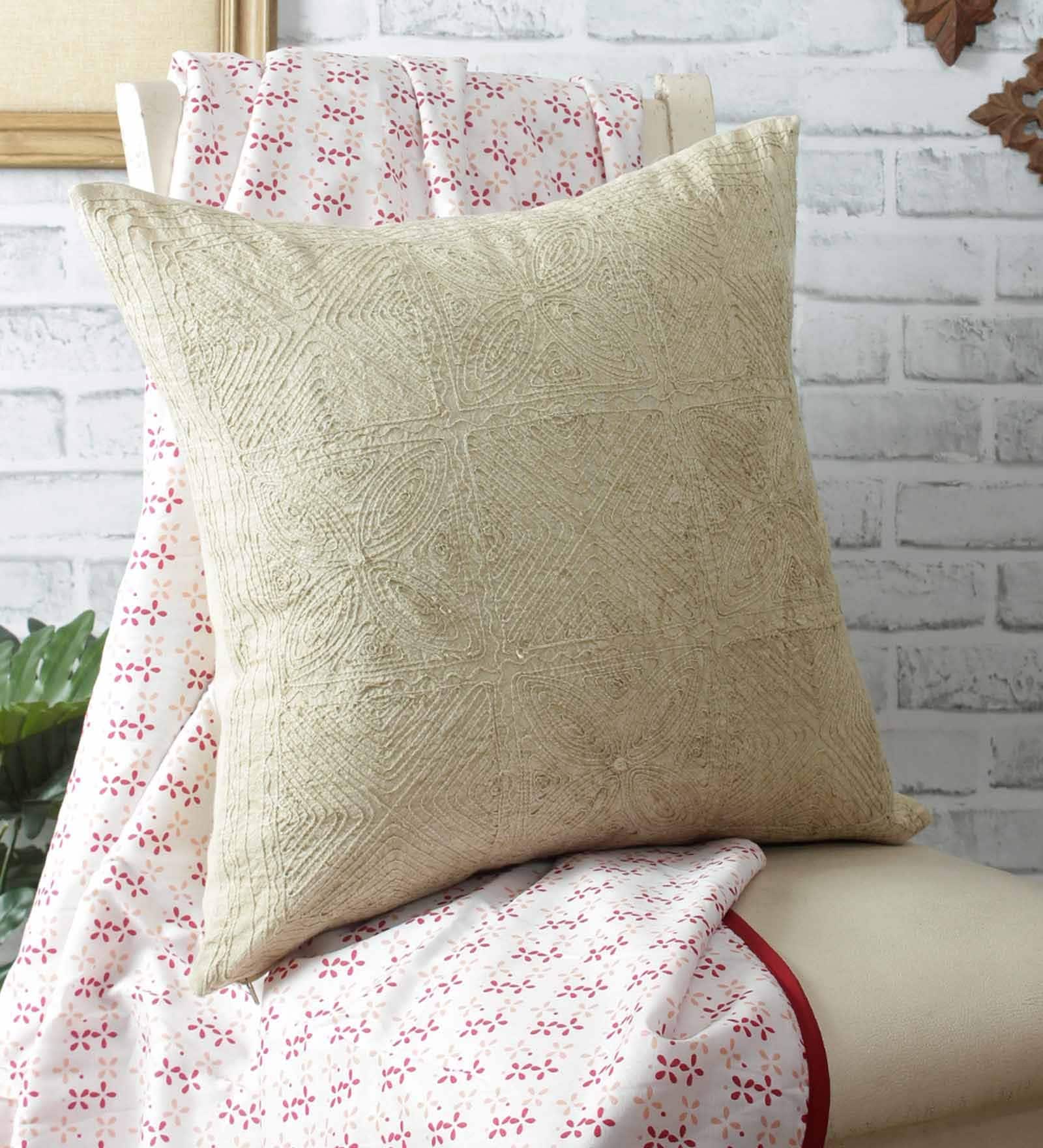 Cream Traditional Cotton 18 x 18 Inches Embroidered Cushion Cover