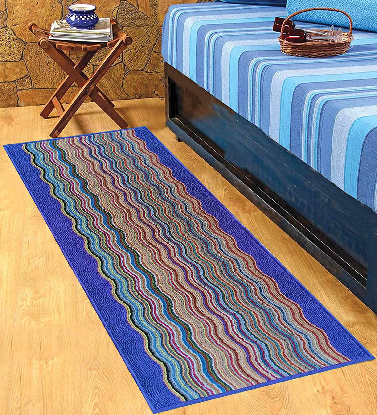 Buy Anti Skid Blue Nylon Machine Made 55x22 Inches Bed Side Runners by