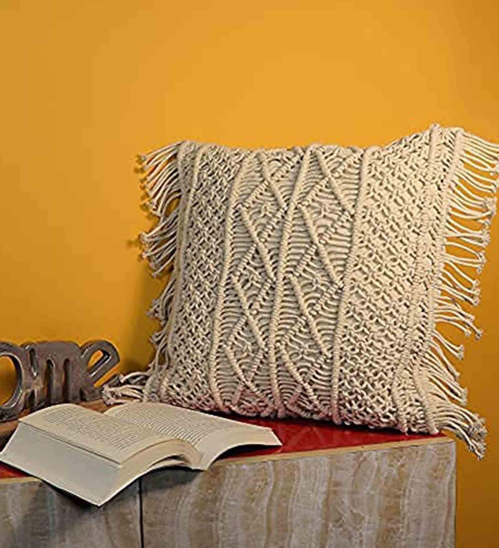 Cream Woven Macrame Knitted Cotton 16 x 16 Inch Cushion Cover