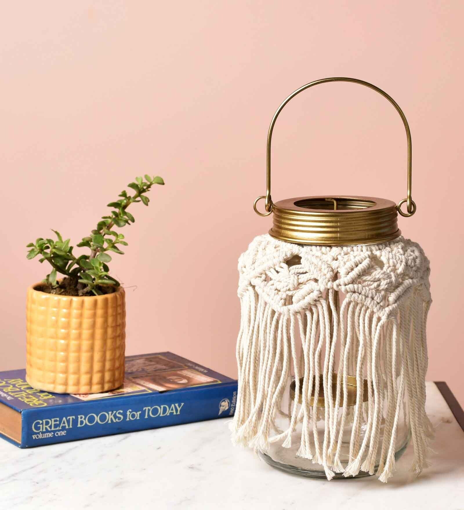 Buy Macrame Jar Gold Iron & Glass Candle Holder at 40 OFF by Manor