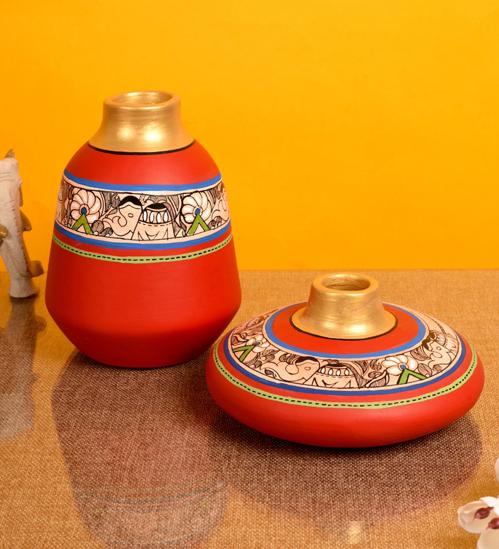 Madhubani Earthen Adelia (Set Of 2) Red Terracotta Table Vase