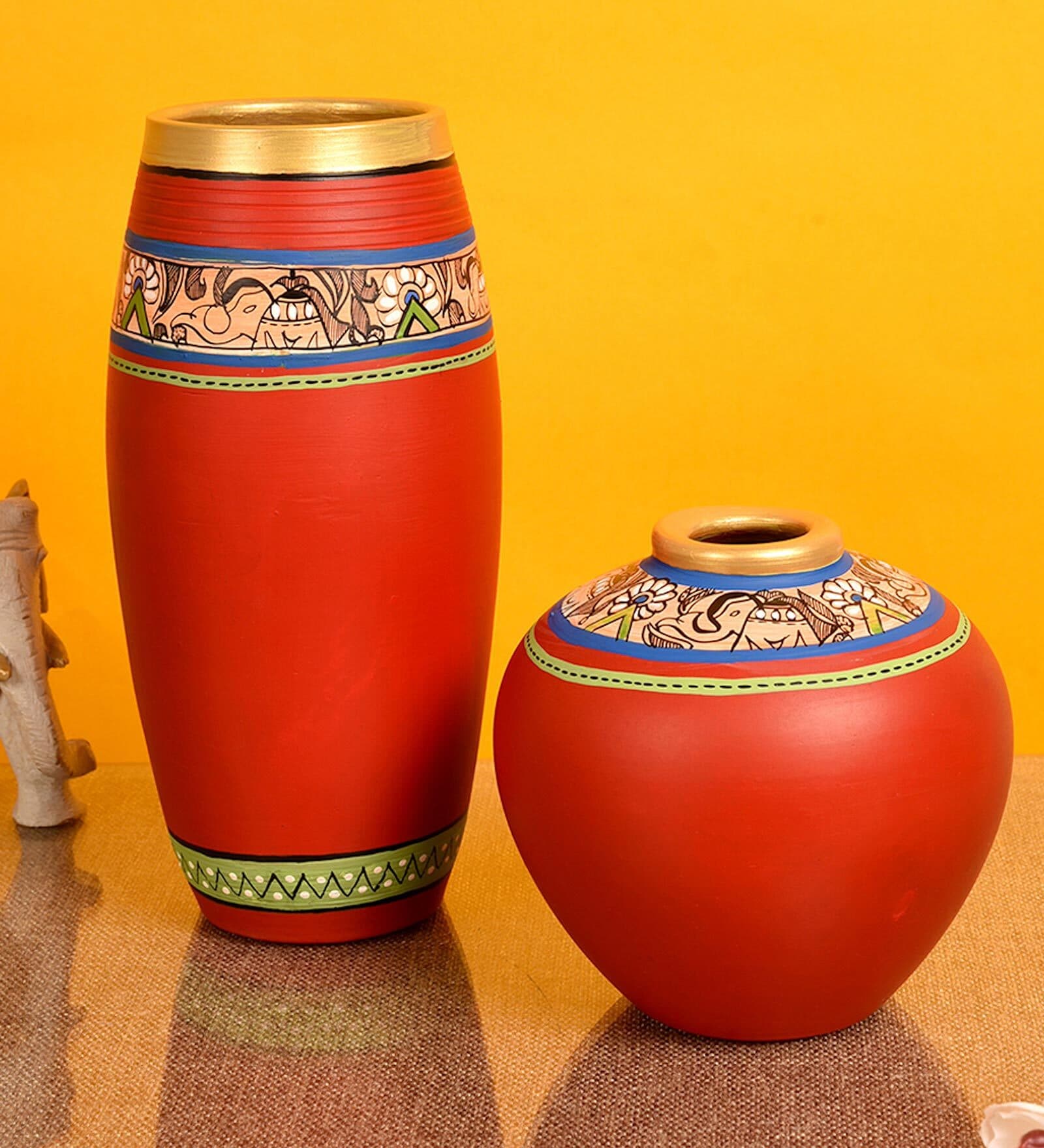 Madhubani Earthen Anaya (Set Of 2) Red Terracotta Floor Vase