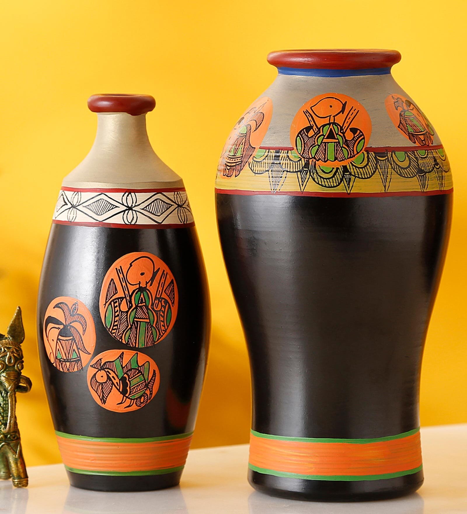Madhubani Earthen Black & Orange Terracotta Floor Vase