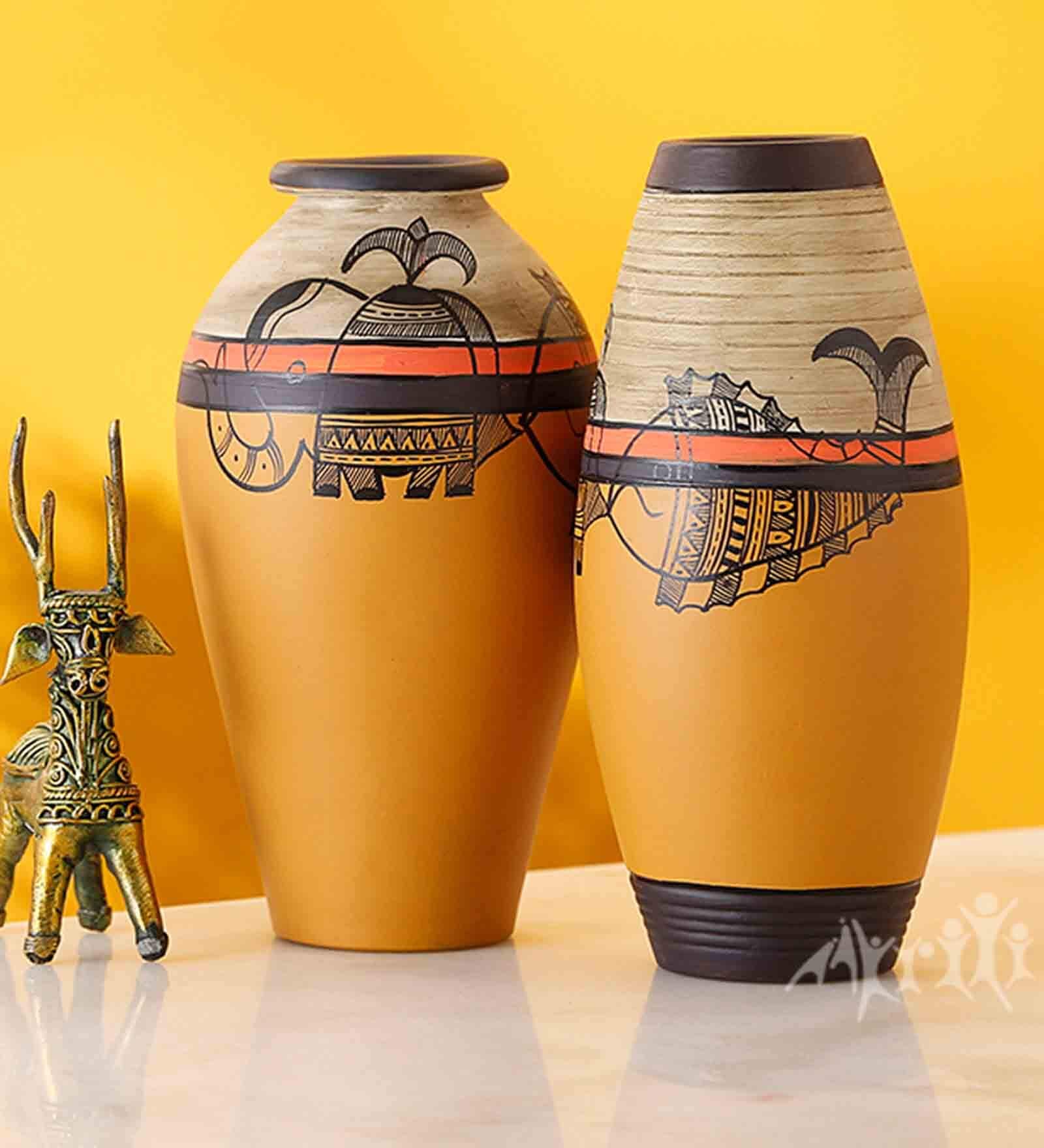 Madhubani Fish Motif (Set Of 2) Floor Vases