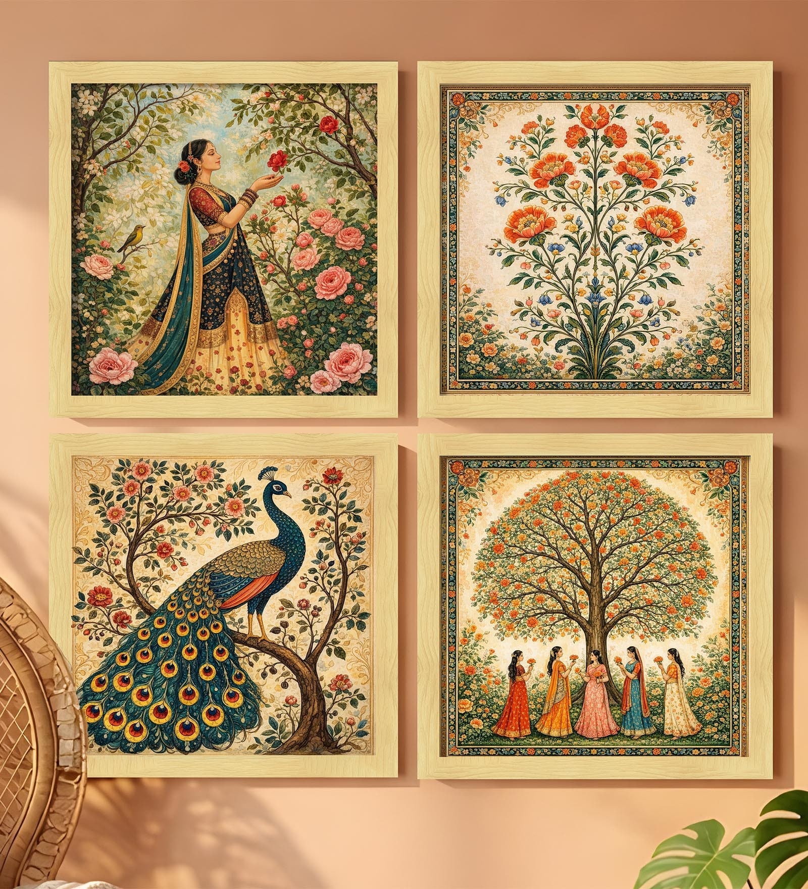 Madhubani Folk Nature Set of 4 Framed Posters
